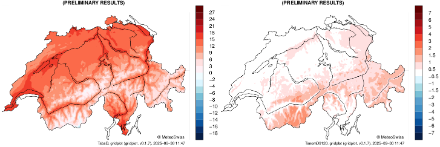 Due mappe della Svizzera con i fiumi e i laghi più grandi. Le carte mostrano all'interno dei confini nazionali le temperature medie mensili (a sinistra) e le deviazioni rispetto al periodo di riferimento 1991-2020 (a destra) per questo mese.