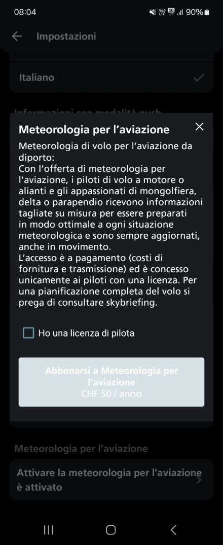 Quanto costa attivare la meteorologia per l’aviazione nell’app?