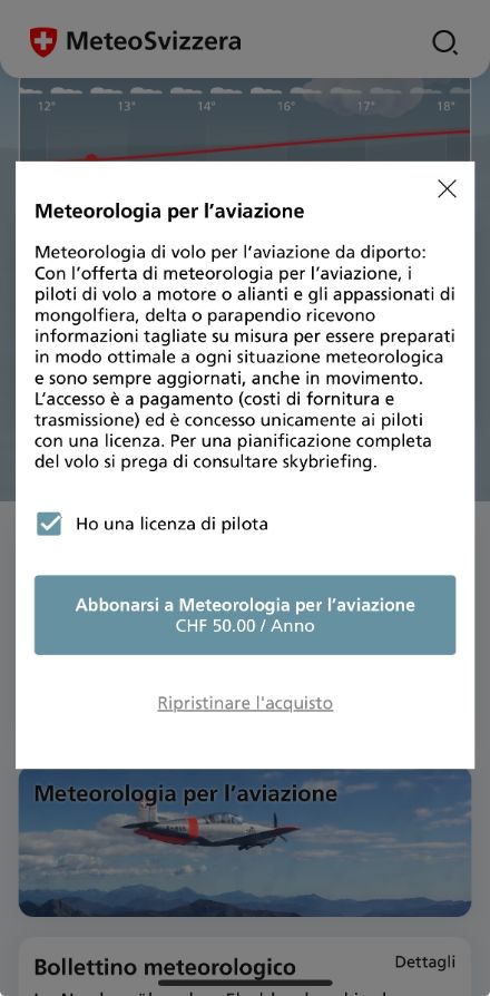 Ho un nuovo dispositivo, come posso accedere alla meteorologia per l’aviazione acquistata in precedenza?