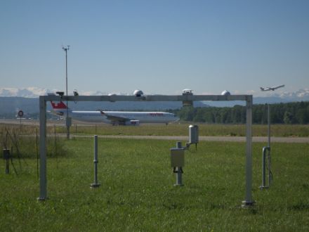 Immagine dei diversi strumenti di misura; sullo sfondo un aereo passeggeri sulla pista di decollo.