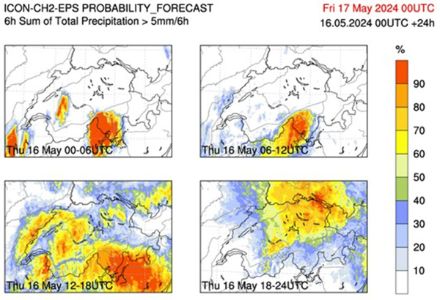 Quattro carte della Svizzera che rappresentano, riferite a quattro periodi della giornata e tramite un’apposita scala di colori, la probabilità che in una determinata località cada più di 1 mm di precipitazioni su un intervallo di tempo di 6 ore.