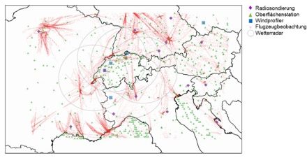 La localizzazione dei dati utilizzati durante vari cicli di assimilazione sull’arco di un mese.