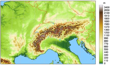 Mappa di una regione attorno alle Alpi. Per questa regione sono calcolati i prodotti dei modelli numerici ICON-CH1-EPS e ICON-CH2-EPS.