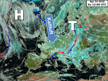 Immagine satellitare di una situazione meteorologica in grado di favorire l’insorgere del “tempo di aprile”, con aria fredda proveniente da nord.