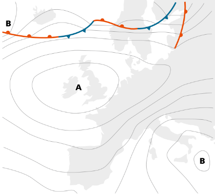 Carta meteorologica semplificata dell’Europa con le isobare (linee che congiungono luoghi con uguale pressione) e i fronti.
