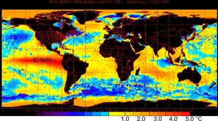 Mappa mondiale della temperatura delle acque superficiali degli oceani del 29 novembre 1997. 
