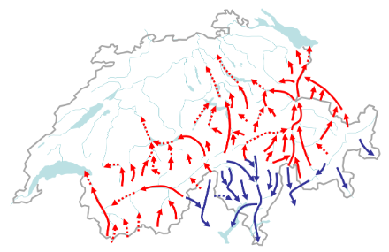 Carta con le valli tipicamente percorse dal favonio da sud e dal favonio da nord in Svizzera.