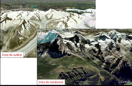 Foto aeree della regione della Jungfrau, nell’immagine in alto ripresa da sudest dal lato sopravvento, in quella in basso da nordovest ovvero dal lato sottovento (con Guggiföhn).