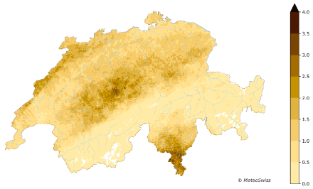 Una carta della Svizzera indica con diverse tonalità di marrone il numero medio di giorni con grandine. Le regioni in cui le grandinate sono più frequenti sono il Ticino meridionale, le regioni lungo le Prealpi e in particolare la regione del Napf, nonché il Giura.