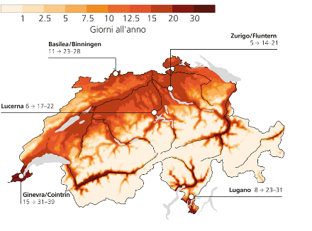 Carta della Svizzera con indicati a colori il numero di giornate tropicali nel 2060.
