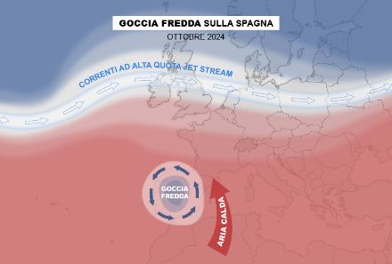 Schema concettuale della goccia fredda stazionaria sulla penisola iberica all’origine delle inondazioni dell’ottobre 2024.