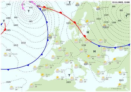 Mappa delle isobare (tratteggiate) e dei fronti (freddi in blu, caldi in rosso, occlusi in rosa) prevista per il 14 novembre 2022 alle ore 13:00 locali.