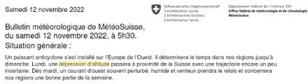 Situazione generale del bollettino generale aggiornato sabato 12 novembre 2022 alle ore 5:30, che segnala la presenza di una goccia fredda in prossimità della Svizzera per il 14 novembre.