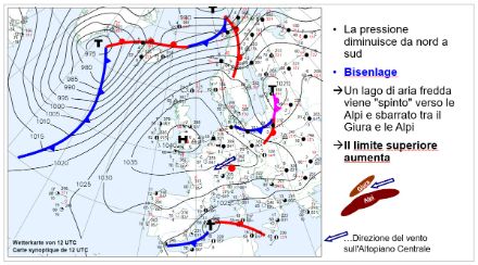 Carta meteorologica con indicazioni sull’evoluzione della pressione atmosferica e la posizione delle zone di alta e bassa pressione. In una situazione di bise il lago di aria fredda viene “schiacciato” verso il Giura e le Alpi.