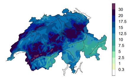 Mappa dell'accumulo delle precipitazioni nel caso di situazioni cicloniche da ovest.