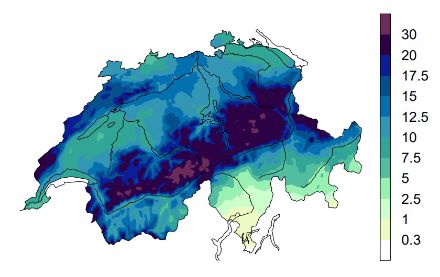 Mappa dell'accumulo delle precipitazioni nel caso di situazioni cicloniche da nord-ovest.
