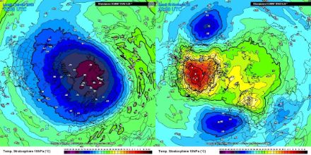 Mappe di temperatura a 10 hPa (~26 km di altitudine) del 1° gennaio 2018 e del 15 febbraio 2018 che illustrano il vortice polare stratosferico in un caso ben organizzato e nell’altro dopo un riscaldamento stratosferico improvviso.