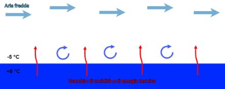 Rappresentazione schematica del processo che porta alla formazione della nebbia da evaporazione.