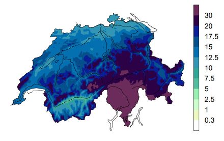 Mappa dell'accumulo delle precipitazioni nel caso di situazioni cicloniche da sud-ovest.