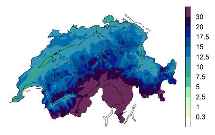 Mappa dell'accumulo delle precipitazioni nel caso di  situazioni cicloniche da sud.