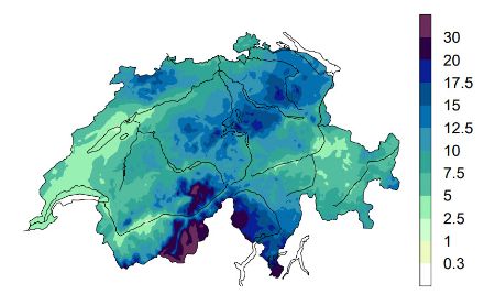 Mappa dell'accumulo delle precipitazioni nel caso di situazioni cicloniche da sud-est.