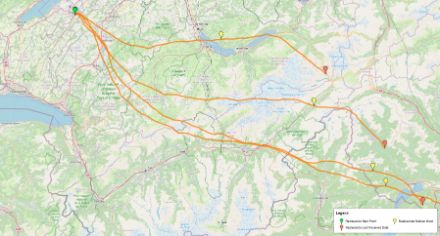 Il portale radiosondy.info fornisce in tempo reale tutte le informazioni relative alla traiettoria del pallone sonda. La mappa mostra le traiettorie (curve arancioni) dei palloni sonda lanciati dalla stazione di Payerne per 48 ore tra il 17 e il 19 febbraio 2025. Lungo le traiettorie i simboli mostrano il punto di partenza (verde), il punto di scoppio del pallone (giallo) e il punto dell'ultimo dato trasmesso sulla GTS dalla sonda prima dell'atterraggio (arancione).