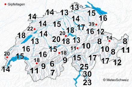 Carta della Svizzera con l’indicazione del numero di giorni all’anno con temporali. In Ticino si verificano in media 20-30 temporali all’anno, in Vallese e in Engadina meno di 10.