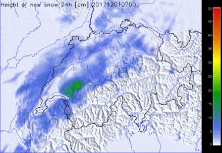 Mappa dell’accumulo di neve fresca (in centimetri) dal 30 novembre alle ore 7 al 1° dicembre 2017 alle ore 7.