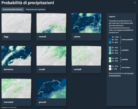  	Piccole mappe svizzere con informazioni codificate a colori sulla probabilità di precipitazione prevista