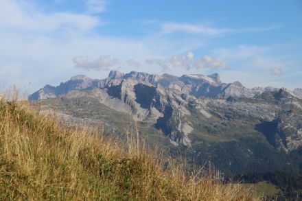 Il massiccio del Glärnisch nel Canton Glarona con il Vrenelisgärtli completamente libero da neve e ghiaccio. I pochi resti del ghiacciaio sul Bächistock sono completamente liberi dalla neve. 13 agosto 2022. Foto: D. Gerstgrasser.