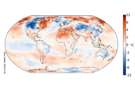 Fig. 1 : Distribuzione globale della temperatura media di dicembre 2022, rappresentata come anomalia rispetto alla norma 1991-2020.