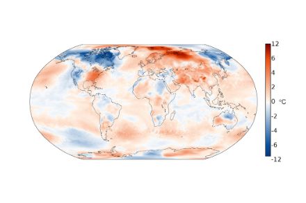 Cartina globale della temperatura media di febbraio 2023.