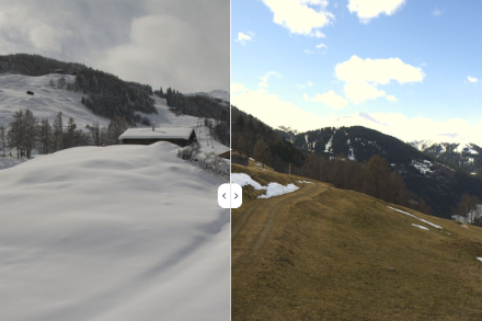 Webcam Roundshot Disentis GR: confronto fra la situazione lo scorso giovedì 8 marzo (immagine a destra) e questa mattina (a sinistra). Fonte: Roundshot