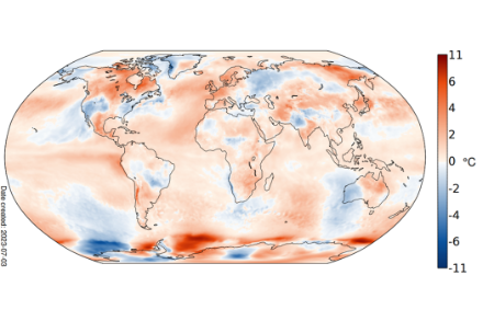 Fig. 1: Distribuzione spaziale della temperatura globale di giugno nel 2023 come deviazione dalla media 1991-2020 in °C.  Fonte: Copernicus.