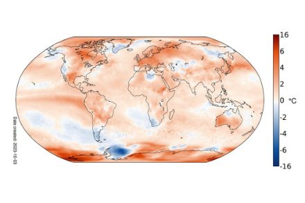 Fig. 1: Distribuzione della temperatura globale nel settembre 2023. È indicata la deviazione (in °C) dalla norma 1991-2020. Fonte: Copernicus.