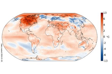 Mappa della distribuzione delle anomalie di temperatura nel mondo nel dicembre 2023
