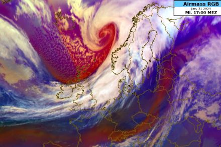 Immagine satellitare (Airmass RGB) di mercoledì 31 gennaio 2024, ore 17:00. (Fonte: MeteoSvizzera/Eumetsat).