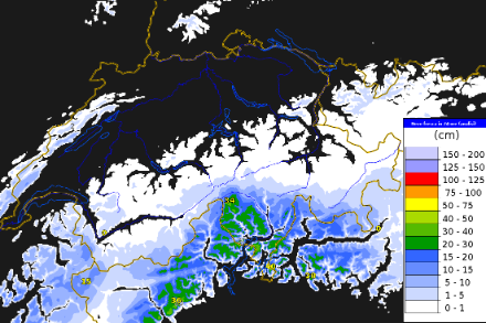 Quantitativi di neve fresca caduti nelle precedenti 24 ore fino ad oggi alle ore 16 UTC (INCA/MeteoSvizzera)