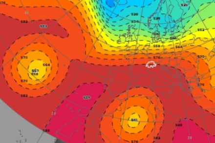 Geopotenziale a 500 hPa (isoaree) il 14 aprile 2024 alle ore 12 UTC.