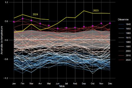 Figura 1: Scostamenti mensili della temperatura dell'aria (in °C) rispetto al periodo normale 1991-2020, da gennaio 1940 ad aprile 2024, presentati come serie temporale per ogni anno. Gli anni 2023 e 2024 sono rappresentati da una linea gialla spessa, mentre gli altri anni sono rappresentati da linee sottili colorate in base al decennio, dal blu (anni '40) al rosso (anni '2020). L'area grigia rappresenta la deviazione standard nel periodo 1991-2020. I mesi record precedenti sono indicati da un punto viola. Fonte dei dati: ERA5, C3S/ECMWF