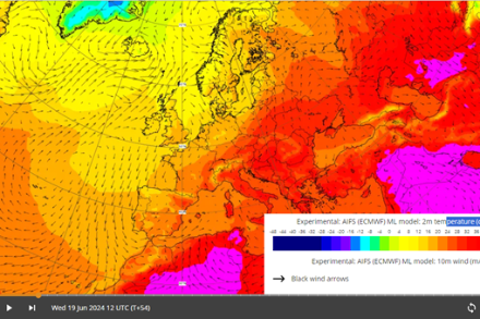 Esempio di previsione di AIFS: temperatura e vento previsti per mercoledì 19.6.2024 ore 12 UTC (AIFS/ECMWF)