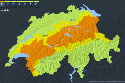Mappa delle allerte di MeteoSvizzera che indica le zone in cui è attiva un'allerta di grado 3 (arancione) per forti piogge. 