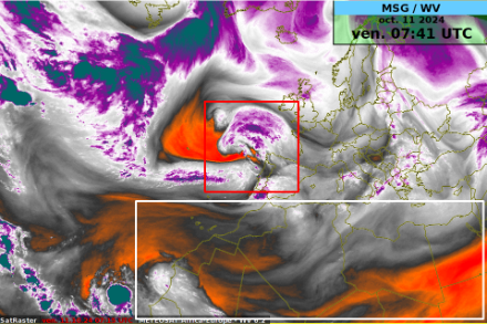 Immagine ripresa dal satellite MSG venerdì 11 ottobre 2024, che mostra il vapore acqueo sull'Europa e sull'Africa settentrionale. Le aree viola mostrano le regioni sature di vapore acqueo, mentre le aree arancioni mostrano le regioni con poco vapore acqueo. Fonte: NinJo@MétéoSuisse e Eumetsat.