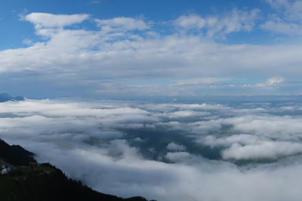 Dalla vetta del Rigi verso ovest, ore 14: si notano gli strati nuvolosi bassi, in parte già dissolti, ma anche la nuvolosità al di sopra. In lontananza si possono anche riconoscere nubi cumuliformi (https://rigi.roundshot.com)