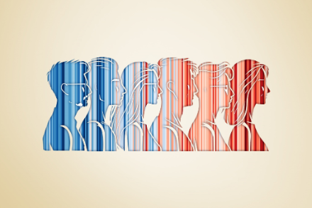 Rappresentazione delle « Climate Stripes » (stato 2024) con le sagome dei climatologi (Johanna Novak). 