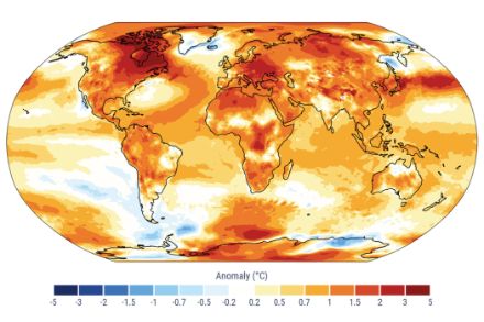 Mappa mondiale con le differenze di temperatura dalla norma