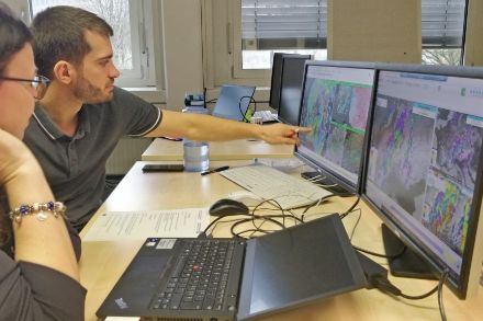 Meteorologi e meteorologhe analizzano i dati con l'utilizzo di computer.