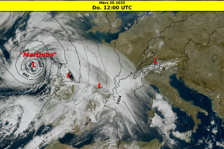 Situazione meteorologica di oggi, giovedì 20 marzo 2025 alle 12 UTC: condizioni ancora senza nuvole sull'Europa centrale, ma estese velature, legate alla depressione “Martinho”, in aumento da sud-ovest.