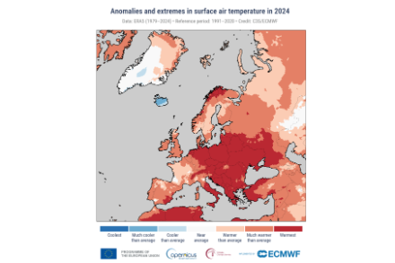 Variazione della temperatura nel 2024 sull'Europa continentale rispetto al periodo climatico di riferimento 1991-2020.