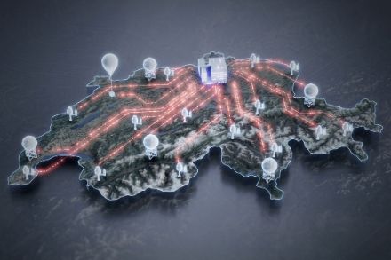 Illustrazione della Svizzera con un sistema meteorologico interconnesso: palloni, radar e un centro di calcolo centrale. Le linee rosse indicano il flusso dei dati.